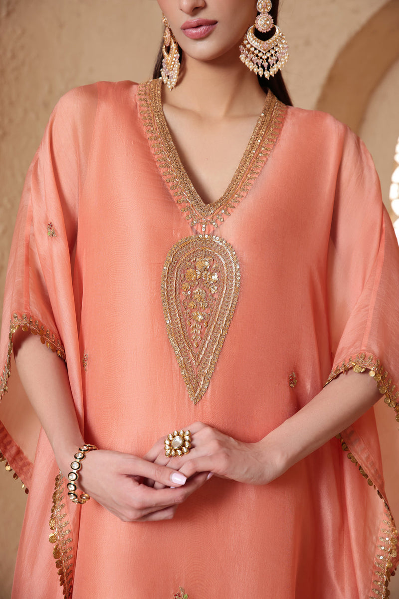 Mehrang Peach Kaftan Set organza kurta/kurta set by Niti Bothra in peach for women in Singapore