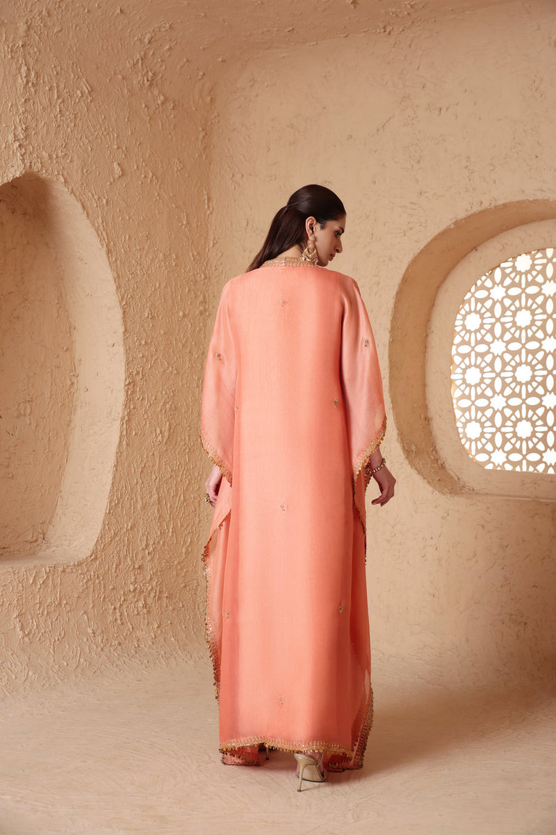 Mehrang Peach Kaftan Set organza kurta/kurta set by Niti Bothra in peach for women in Singapore