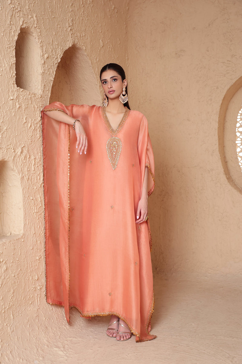 Mehrang Peach Kaftan Set organza kurta/kurta set by Niti Bothra in peach for women in Singapore