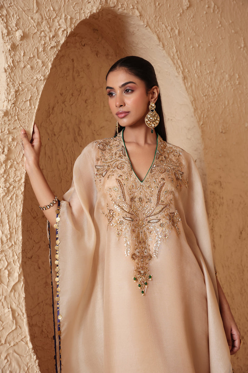 Zar-Rang Ivory Heavy Kaftan Set organza kurta/kurta set by Niti Bothra in ivory for women in Singapore