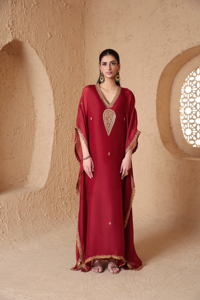 Mehrang Maroon Kaftan Set organza kurta/kurta set by Niti Bothra in maroon for women in Singapore