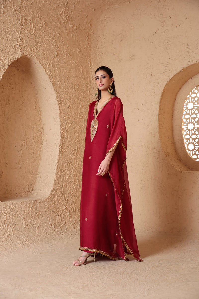 Mehrang Maroon Kaftan Set organza kurta/kurta set by Niti Bothra in maroon for women in Singapore
