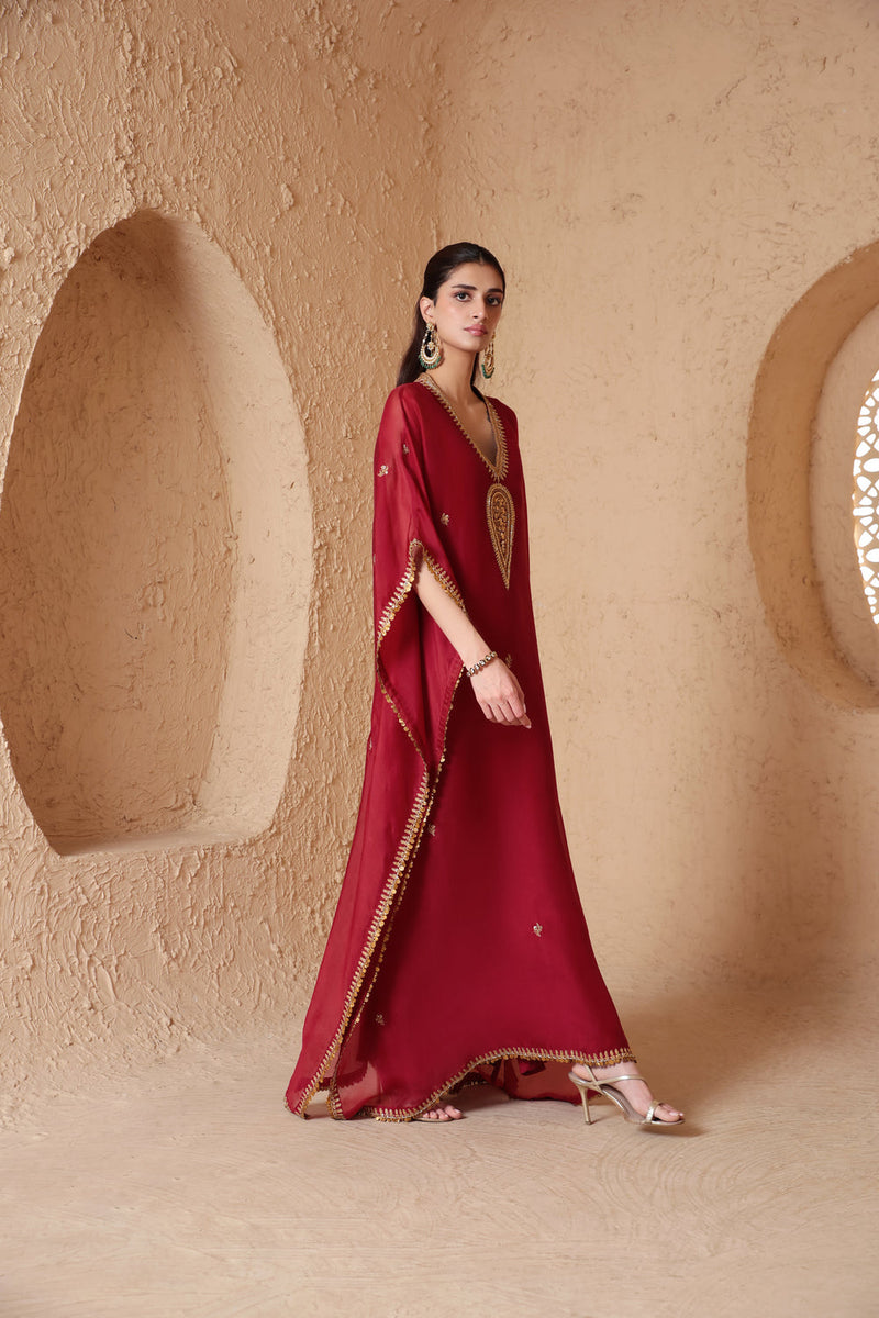 Mehrang Maroon Kaftan Set organza kurta/kurta set by Niti Bothra in maroon for women in Singapore