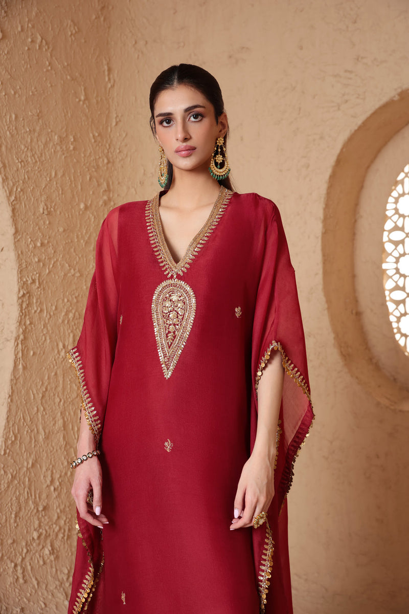Mehrang Maroon Kaftan Set organza kurta/kurta set by Niti Bothra in maroon for women in Singapore