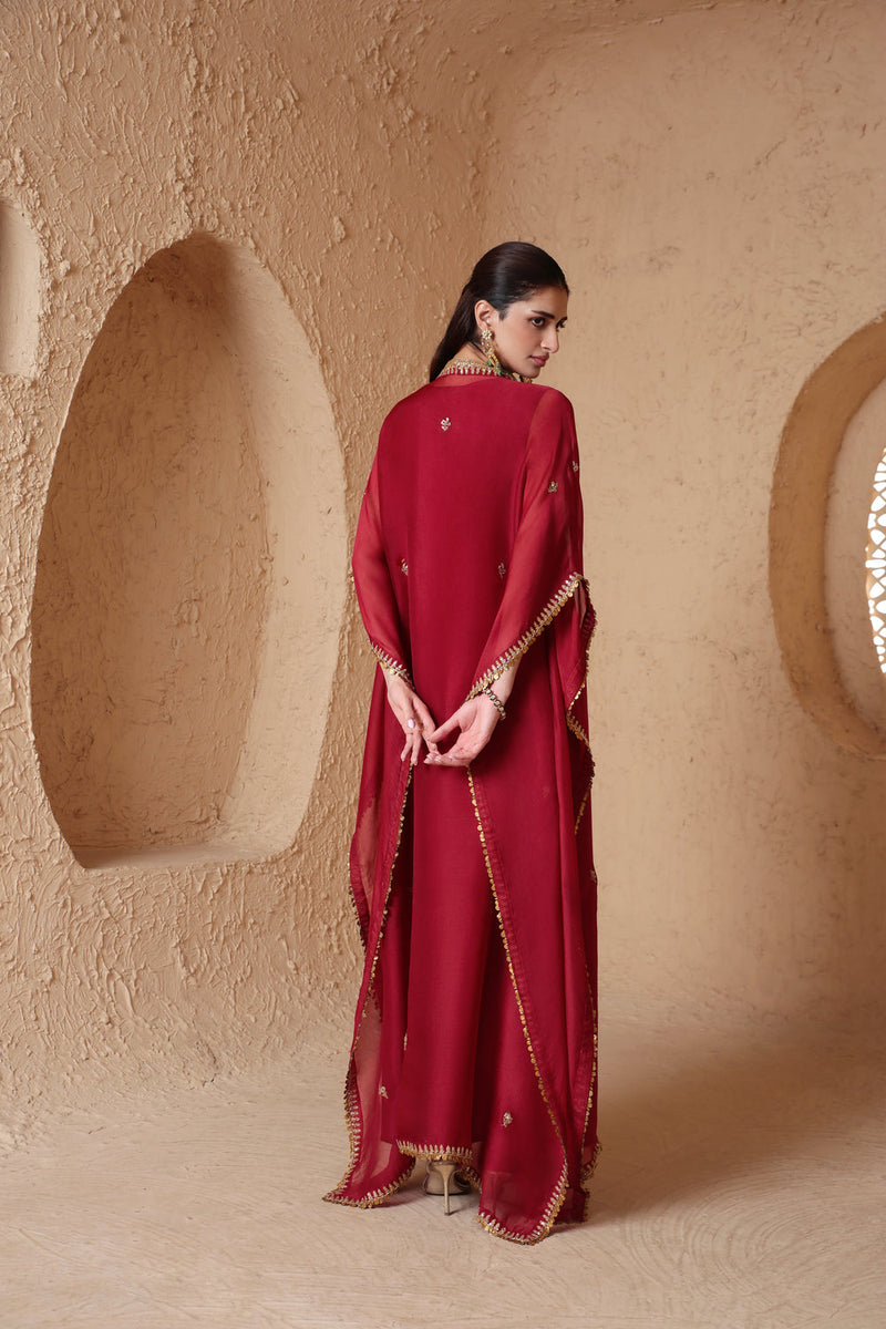 Mehrang Maroon Kaftan Set organza kurta/kurta set by Niti Bothra in maroon for women in Singapore