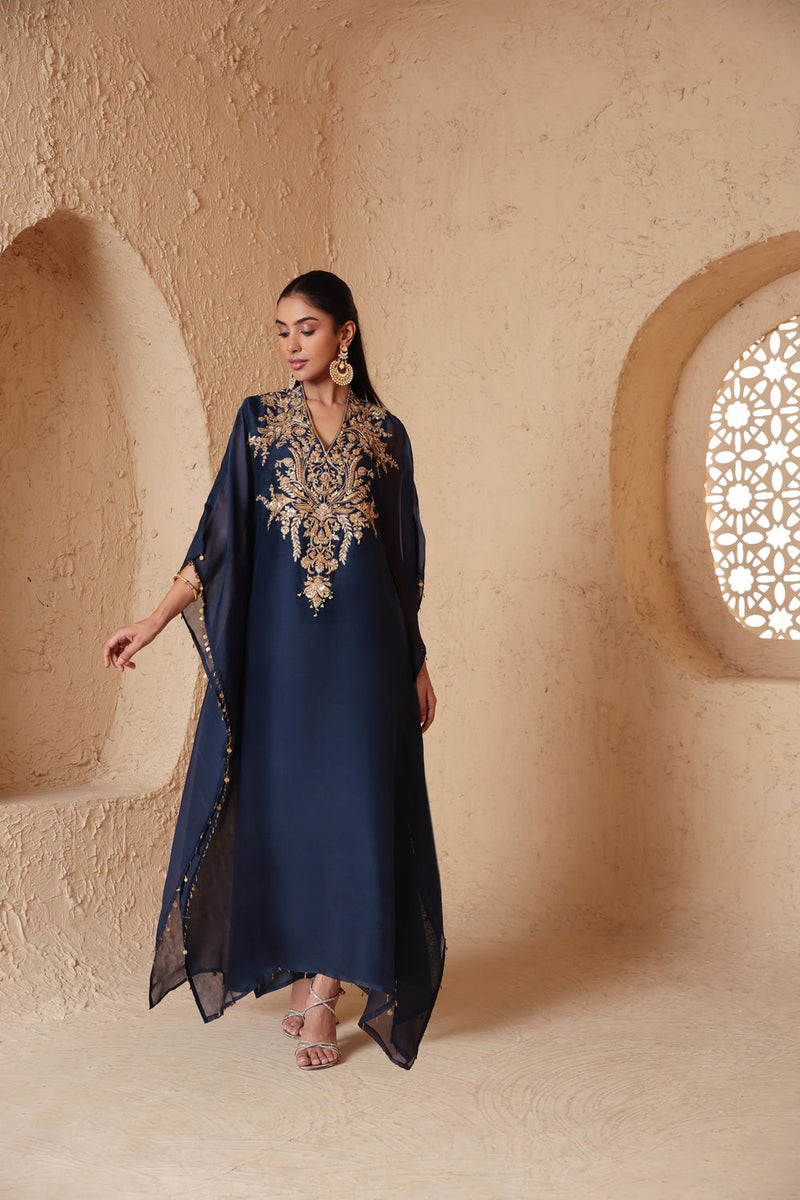Zar-Rang Blue Heavy Kaftan set organza kurta/kurta set by Niti Bothra in blue for women in Singapore