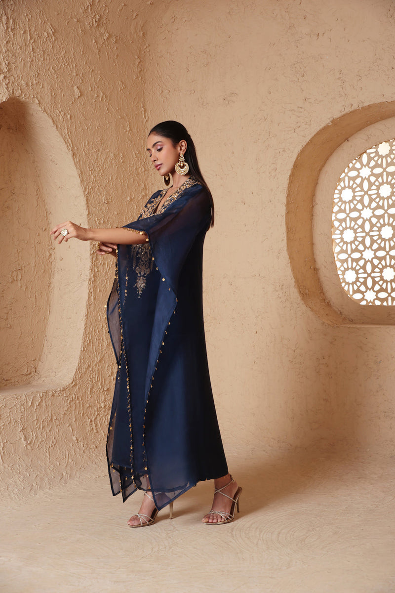 Zar-Rang Blue Heavy Kaftan set organza kurta/kurta set by Niti Bothra in blue for women in Singapore