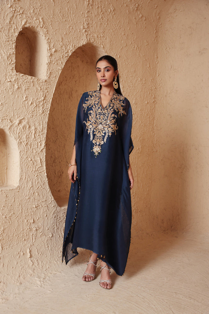 Zar-Rang Blue Heavy Kaftan set organza kurta/kurta set by Niti Bothra in blue for women in Singapore
