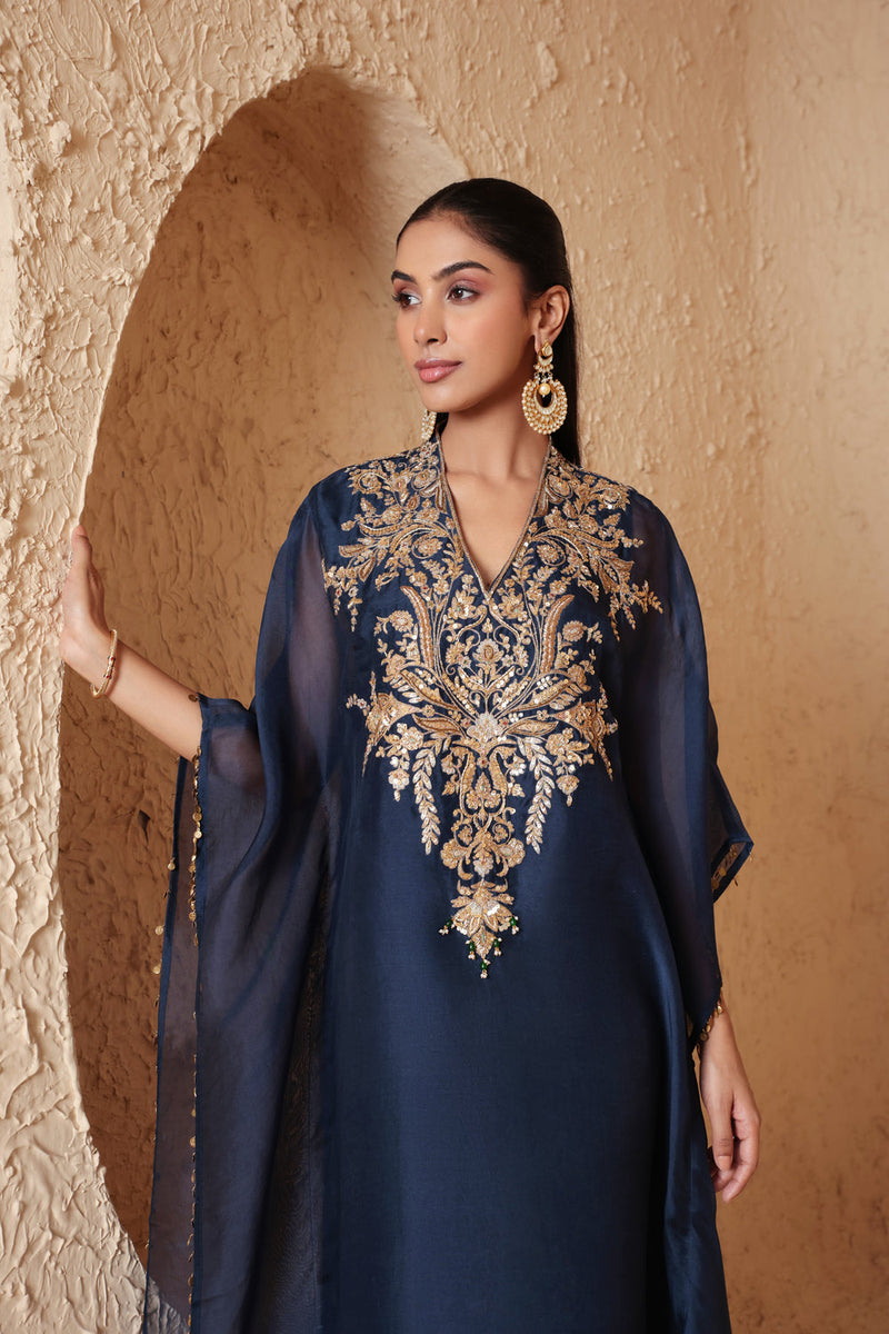 Zar-Rang Blue Heavy Kaftan set organza kurta/kurta set by Niti Bothra in blue for women in Singapore