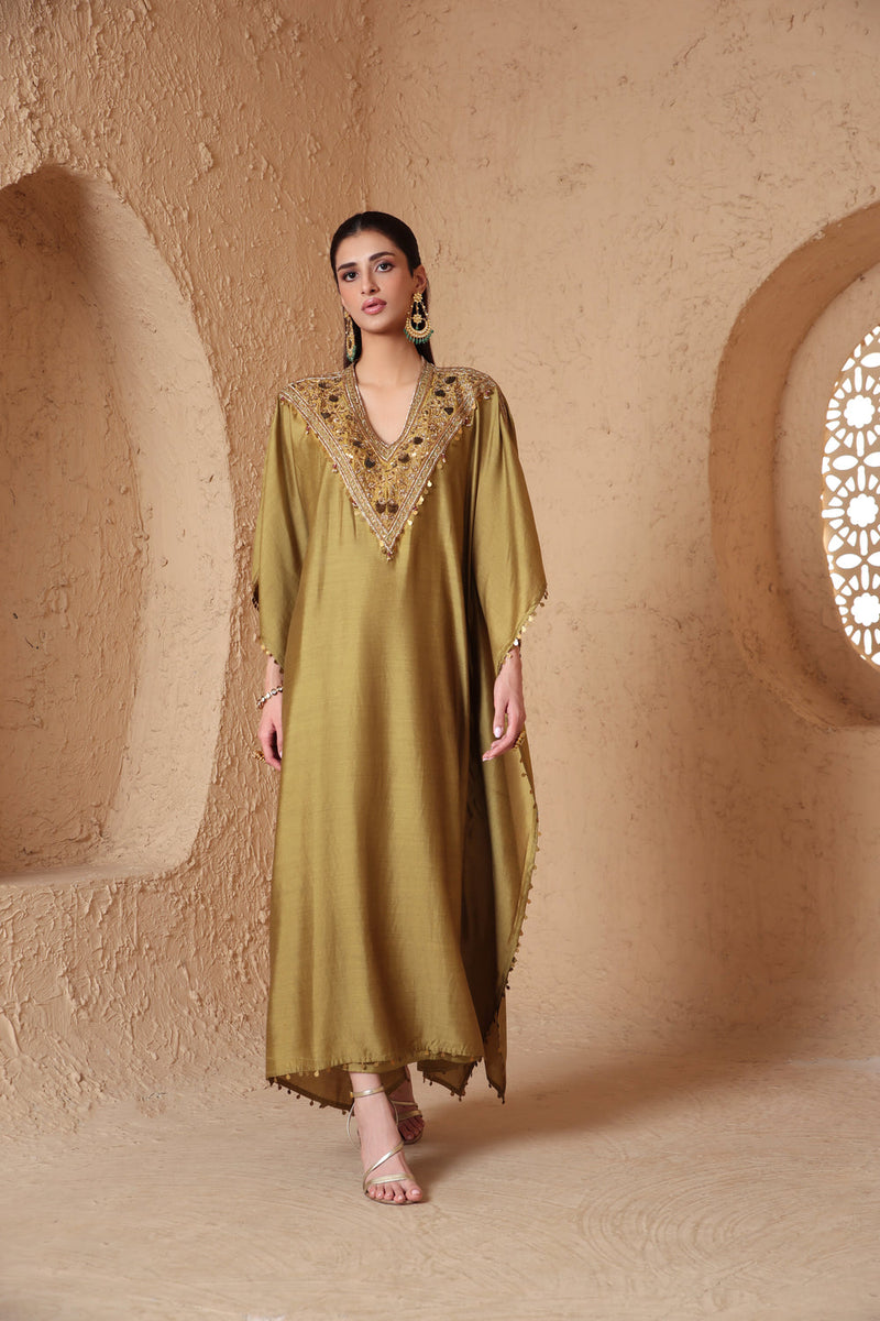 Zar-Rang Olive Green V Neck Kaftan Set chiniya silk kurta/kurta set by Niti Bothra in olive green for women in Singapore