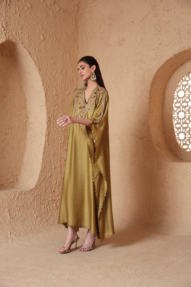 Zar-Rang Olive Green V Neck Kaftan Set chiniya silk kurta/kurta set by Niti Bothra in olive green for women in Singapore