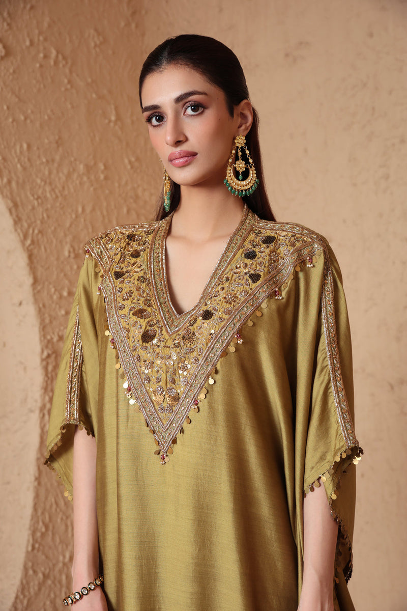 Zar-Rang Olive Green V Neck Kaftan Set chiniya silk kurta/kurta set by Niti Bothra in olive green for women in Singapore