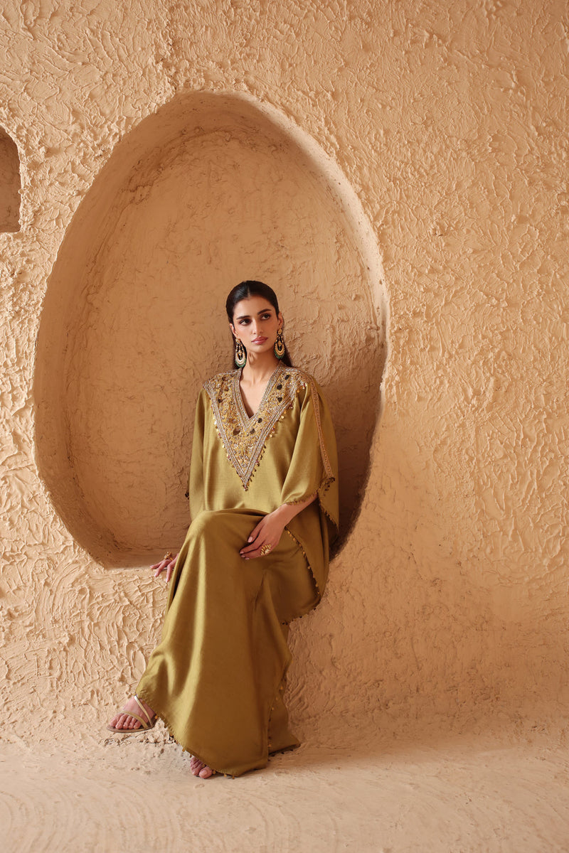 Zar-Rang Olive Green V Neck Kaftan Set chiniya silk kurta/kurta set by Niti Bothra in olive green for women in Singapore
