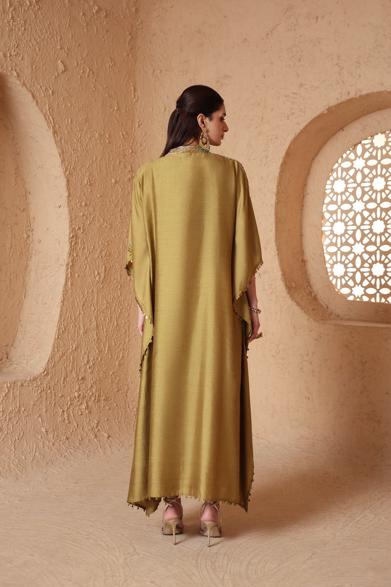 Zar-Rang Olive Green V Neck Kaftan Set chiniya silk kurta/kurta set by Niti Bothra in olive green for women in Singapore