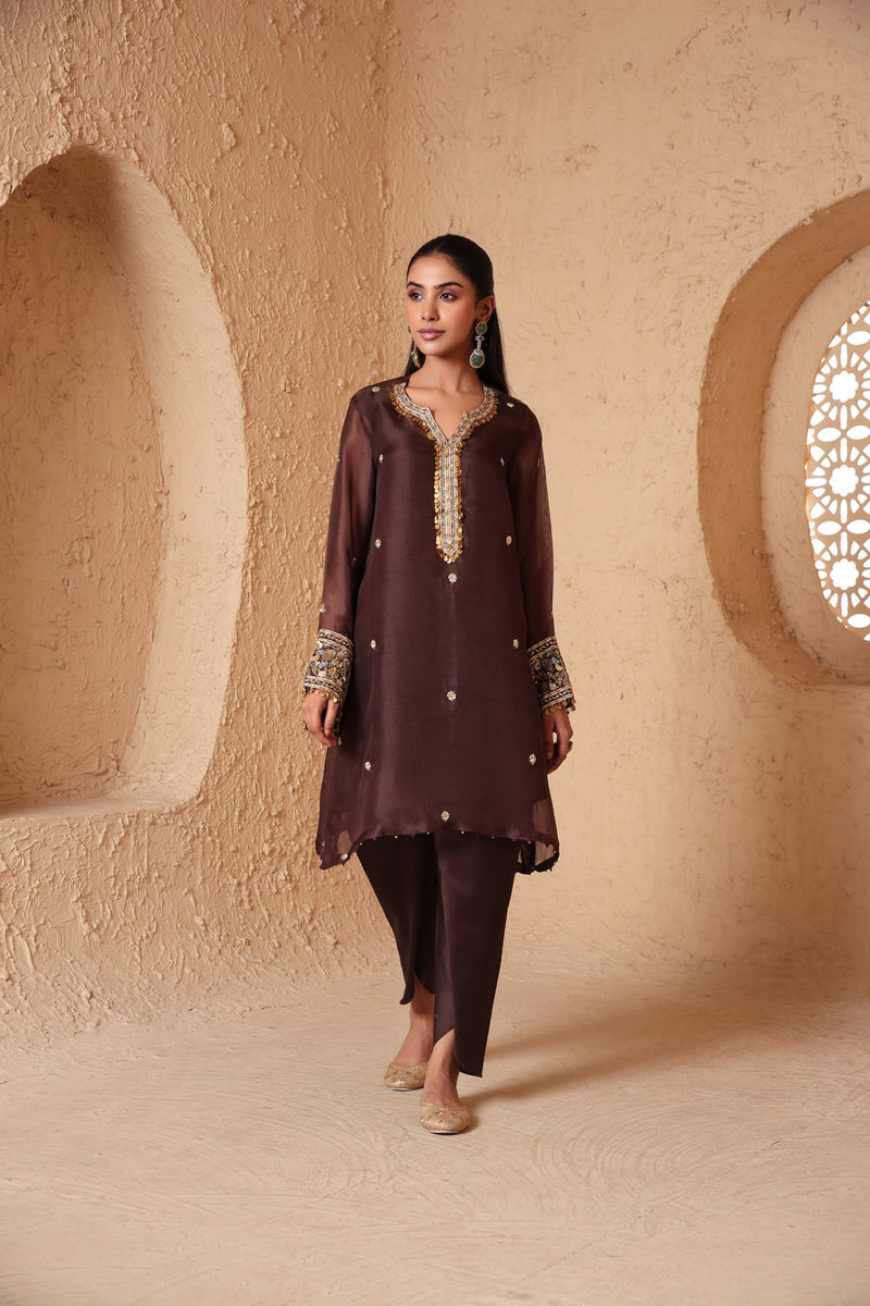 Zar-Rang Brown Short Kurta Set organza, silk tencel kurta/kurta set by Niti Bothra in brown for women in Singapore