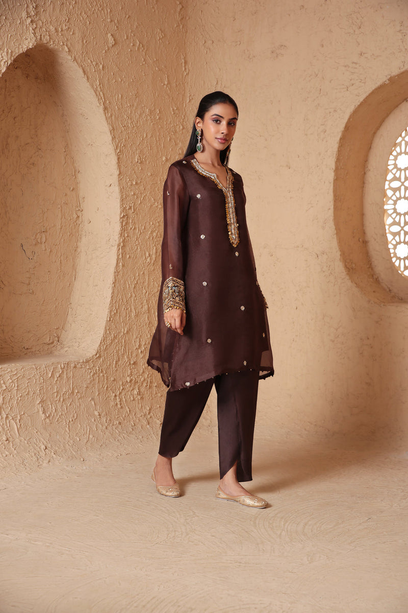 Zar-Rang Brown Short Kurta Set organza, silk tencel kurta/kurta set by Niti Bothra in brown for women in Singapore