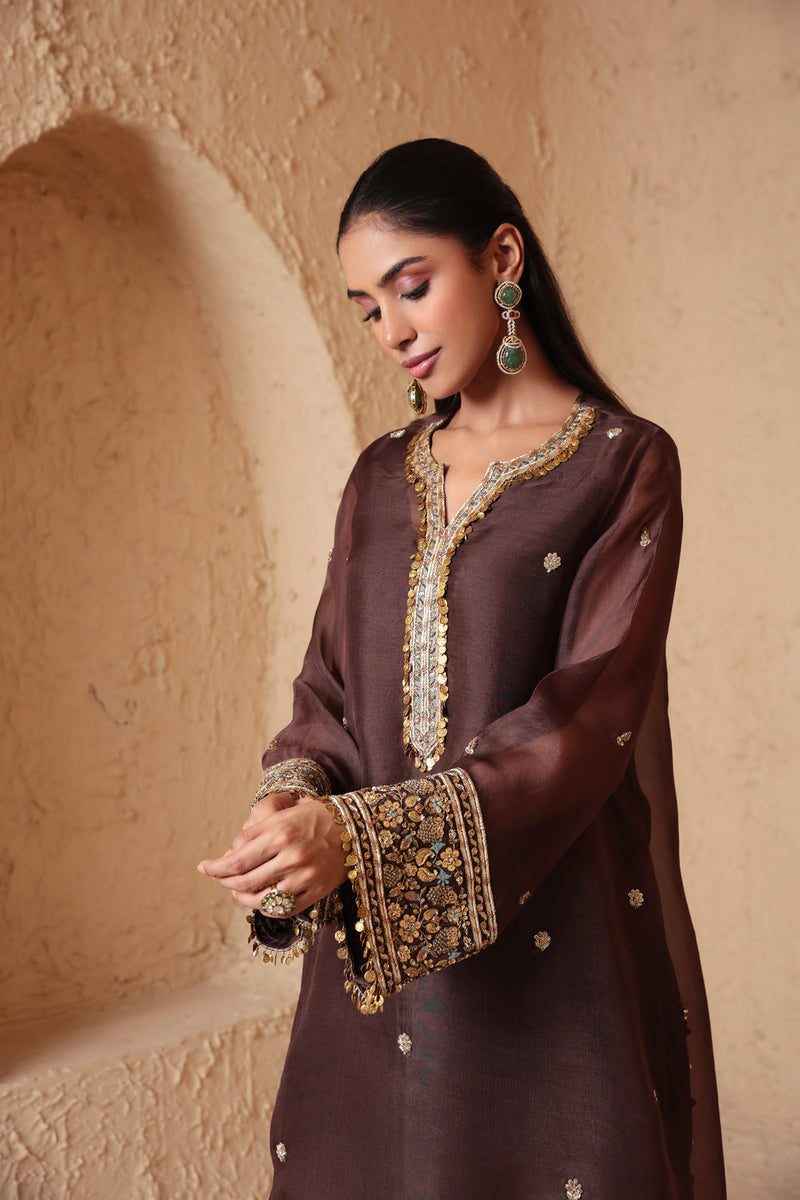 Zar-Rang Brown Short Kurta Set organza, silk tencel kurta/kurta set by Niti Bothra in brown for women in Singapore