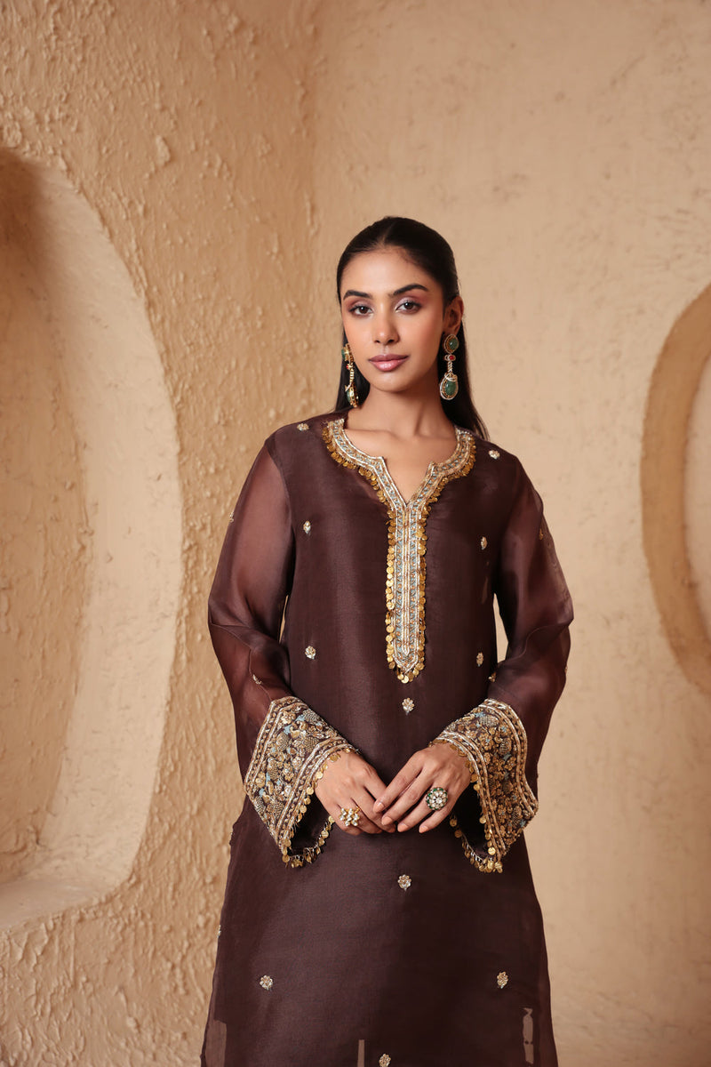 Zar-Rang Brown Short Kurta Set organza, silk tencel kurta/kurta set by Niti Bothra in brown for women in Singapore