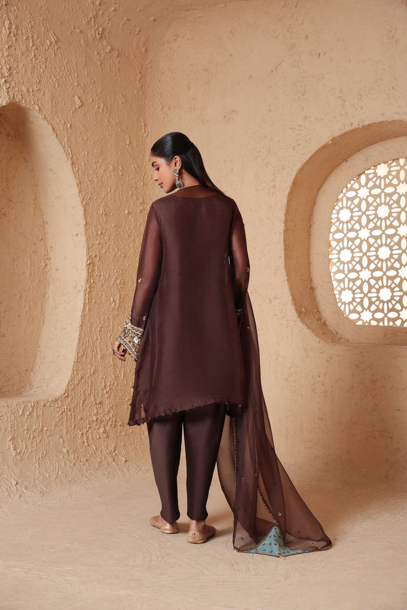 Zar-Rang Brown Short Kurta Set organza, silk tencel kurta/kurta set by Niti Bothra in brown for women in Singapore