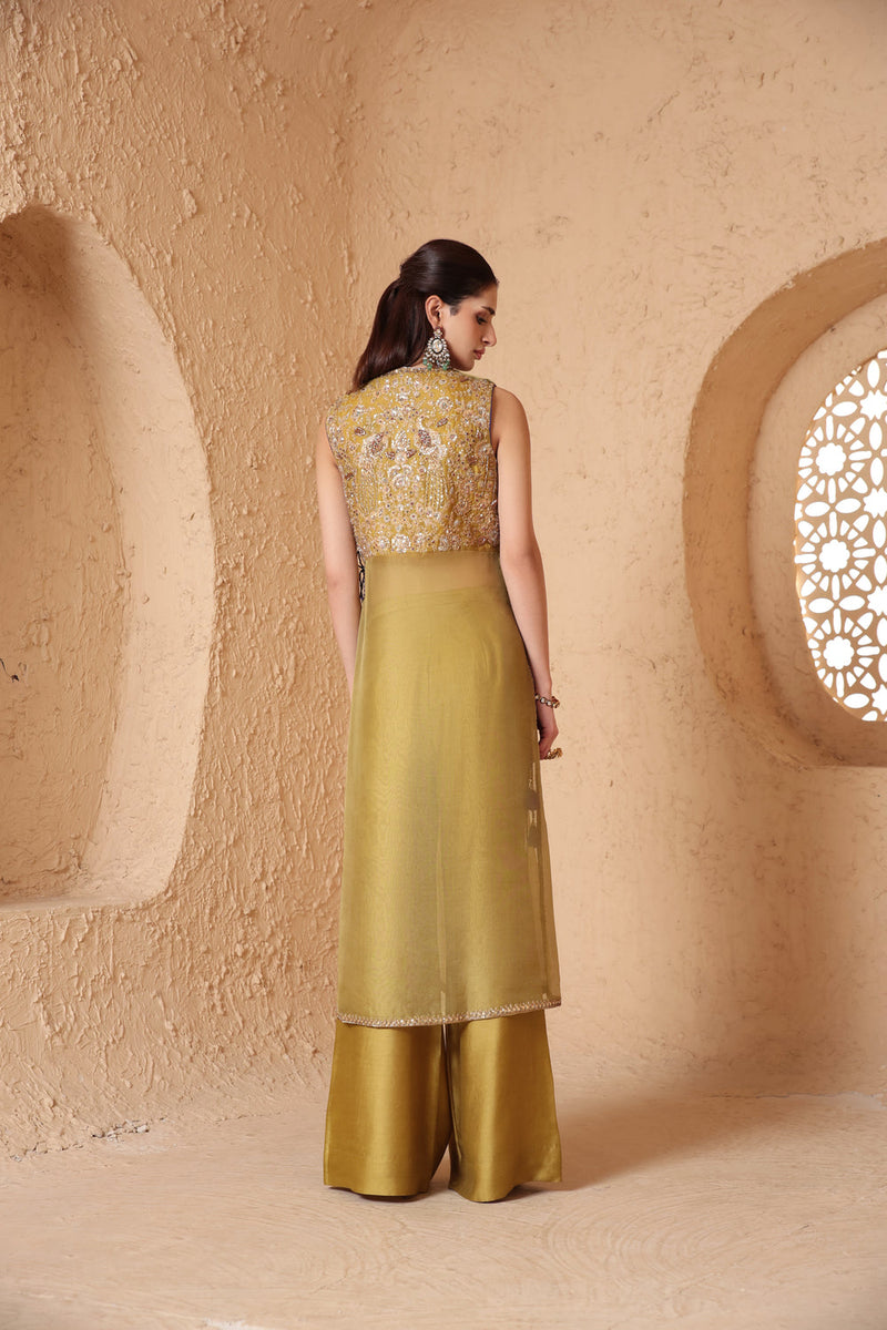 Mehrang Olive Green Tie-up Sleeveless Kurta Set organza , silk tencel kurta/kurta set by Niti Bothra in green for women in Singapore