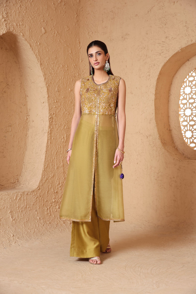 Mehrang Olive Green Tie-up Sleeveless Kurta Set organza , silk tencel kurta/kurta set by Niti Bothra in green for women in Singapore