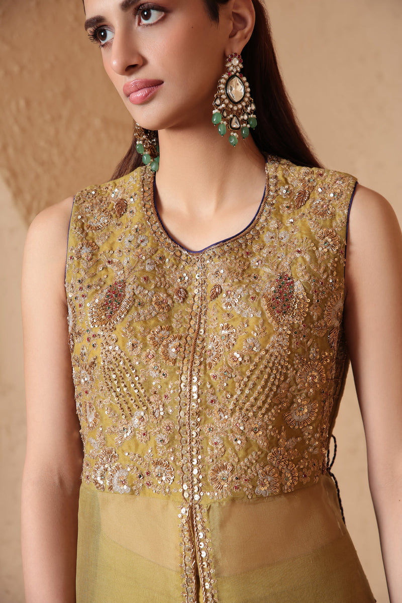 Mehrang Olive Green Tie-up Sleeveless Kurta Set organza , silk tencel kurta/kurta set by Niti Bothra in green for women in Singapore
