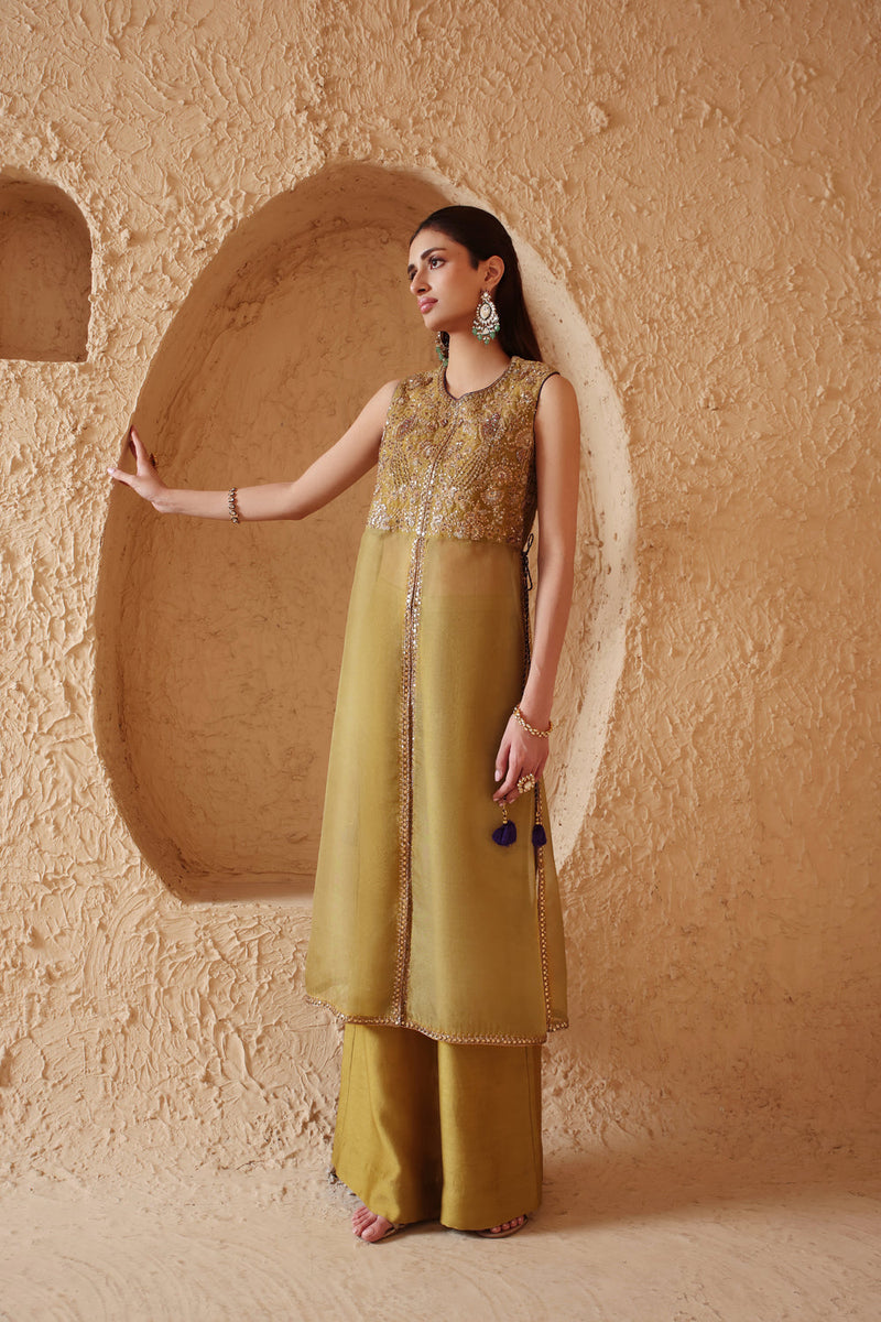 Mehrang Olive Green Tie-up Sleeveless Kurta Set organza , silk tencel kurta/kurta set by Niti Bothra in green for women in Singapore