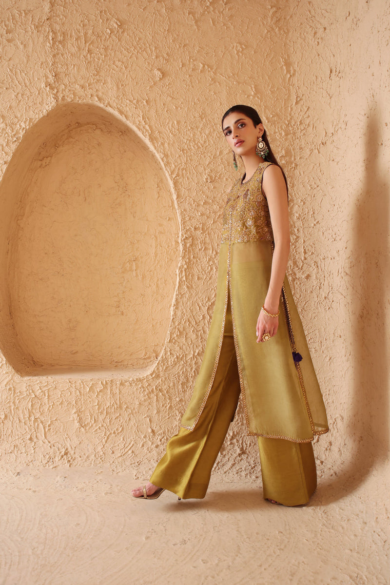 Mehrang Olive Green Tie-up Sleeveless Kurta Set organza , silk tencel kurta/kurta set by Niti Bothra in green for women in Singapore
