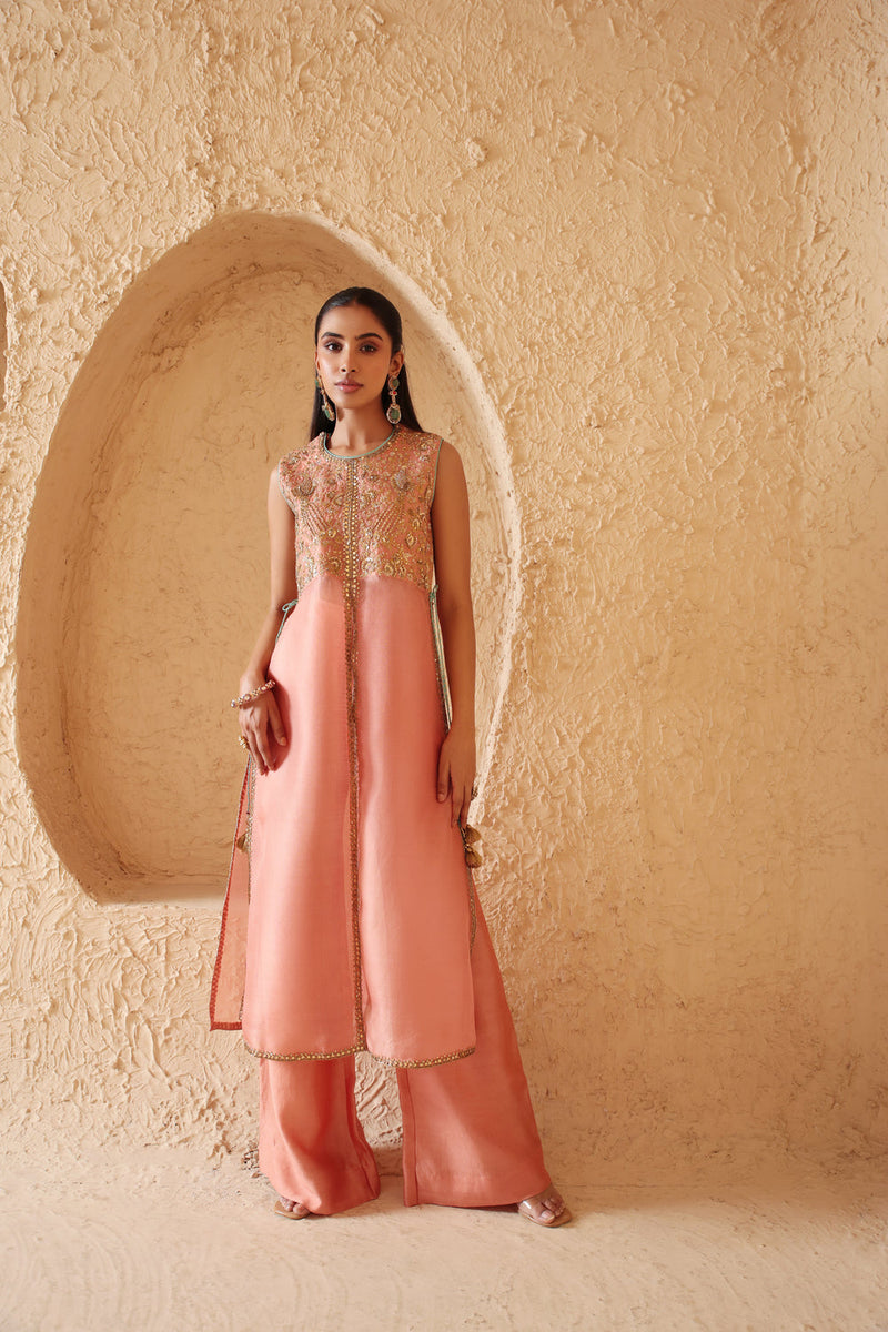 Mehrang Peach Tie-up Sleeveless Kurta Set organza , silk tencel kurta/kurta set by Niti Bothra in peach for women in Singapore
