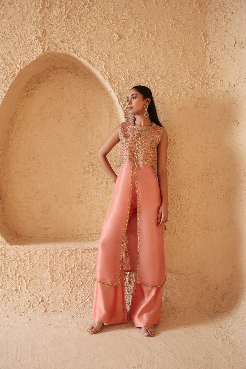 Mehrang Peach Tie-up Sleeveless Kurta Set organza , silk tencel kurta/kurta set by Niti Bothra in peach for women in Singapore