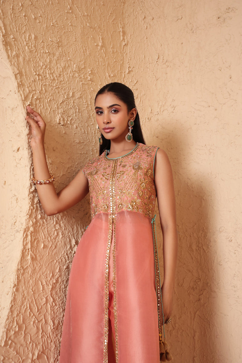 Mehrang Peach Tie-up Sleeveless Kurta Set organza , silk tencel kurta/kurta set by Niti Bothra in peach for women in Singapore
