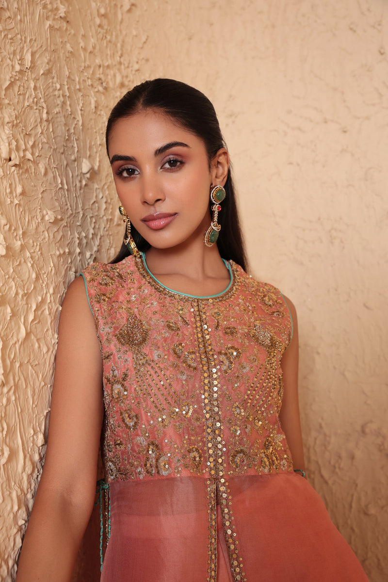 Mehrang Peach Tie-up Sleeveless Kurta Set organza , silk tencel kurta/kurta set by Niti Bothra in peach for women in Singapore