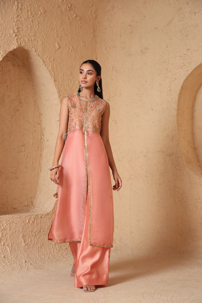 Mehrang Peach Tie-up Sleeveless Kurta Set organza , silk tencel kurta/kurta set by Niti Bothra in peach for women in Singapore