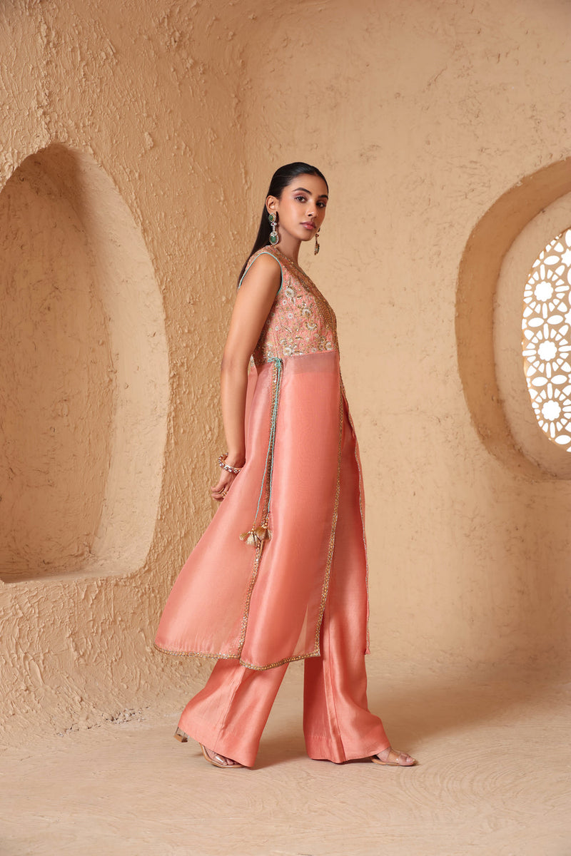 Mehrang Peach Tie-up Sleeveless Kurta Set organza , silk tencel kurta/kurta set by Niti Bothra in peach for women in Singapore