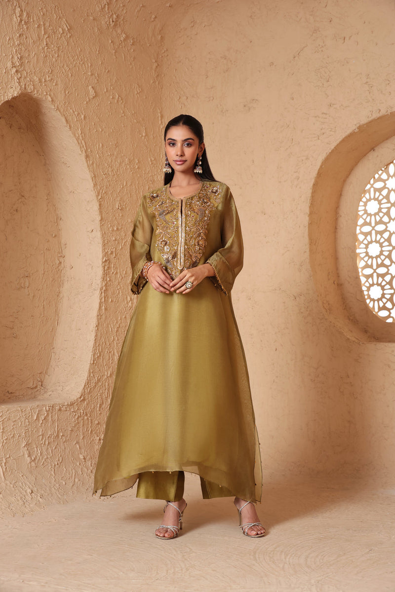 Mehrang Olive Green Kaftan Kurta Set organza , silk tencel kurta/kurta set by Niti Bothra in green for women in Singapore