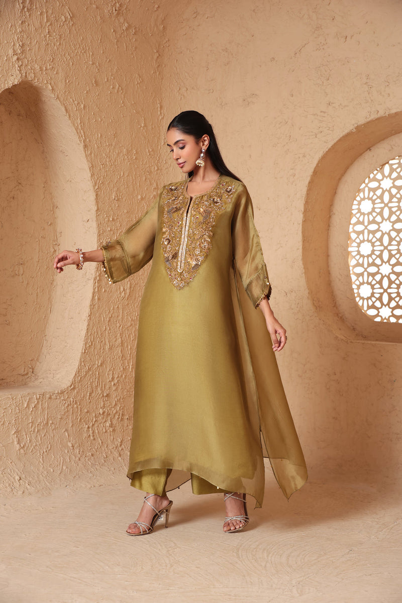 Mehrang Olive Green Kaftan Kurta Set organza , silk tencel kurta/kurta set by Niti Bothra in green for women in Singapore