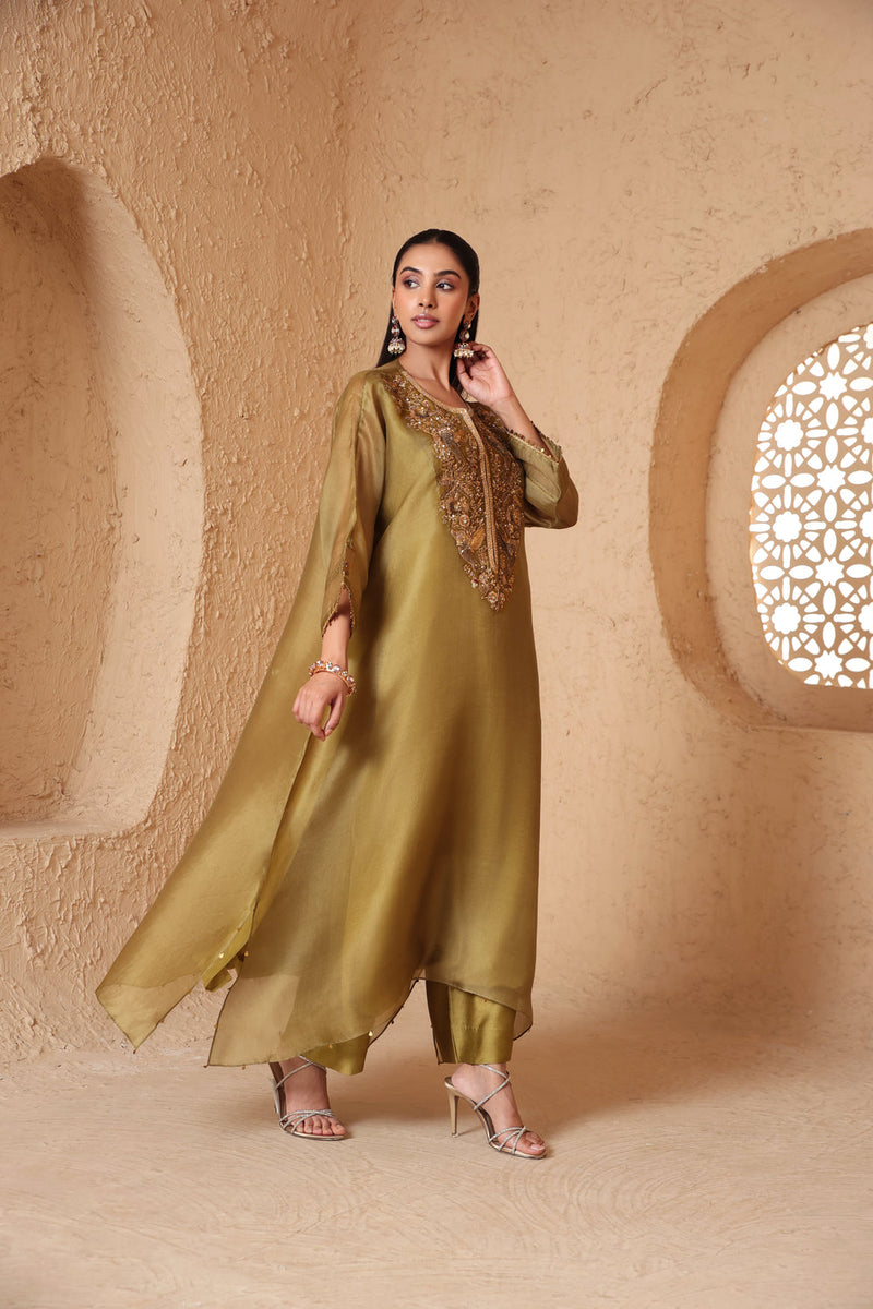 Mehrang Olive Green Kaftan Kurta Set organza , silk tencel kurta/kurta set by Niti Bothra in green for women in Singapore