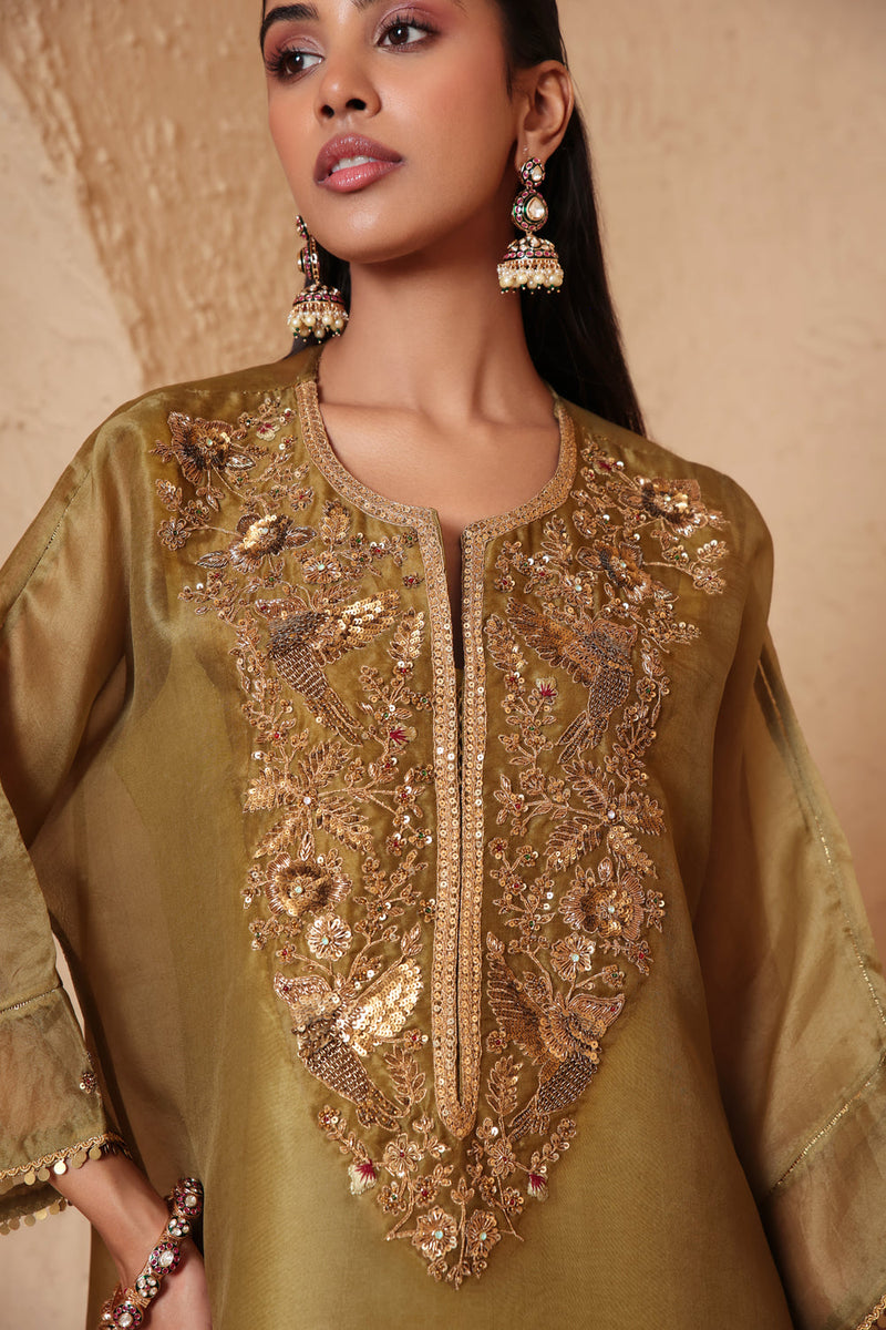 Mehrang Olive Green Kaftan Kurta Set organza , silk tencel kurta/kurta set by Niti Bothra in green for women in Singapore