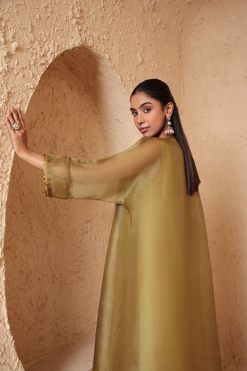 Mehrang Olive Green Kaftan Kurta Set organza , silk tencel kurta/kurta set by Niti Bothra in green for women in Singapore