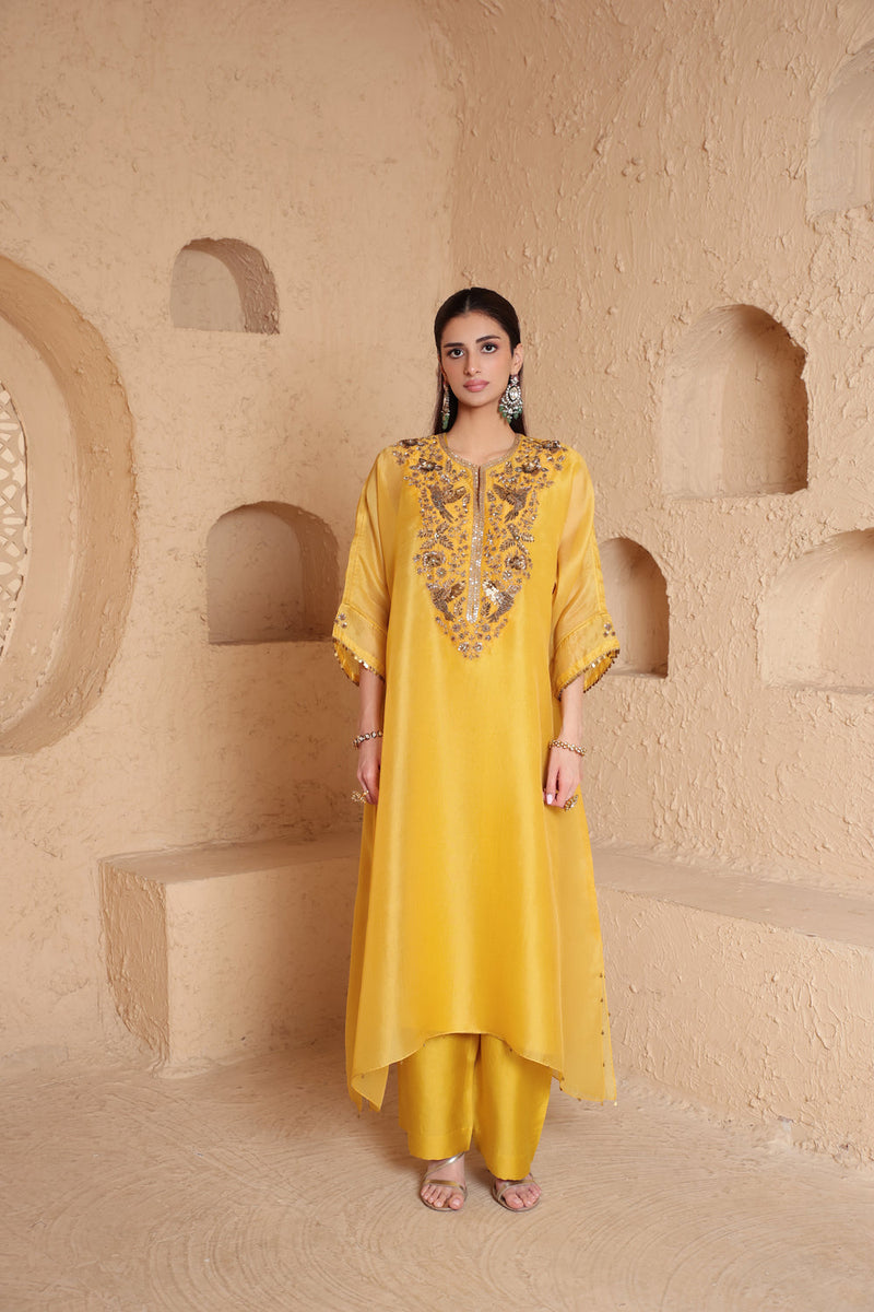 Mehrang Yellow Kaftan Kurta Set organza , silk tencel kurta/kurta set by Niti Bothra in yellow for women in Singapore