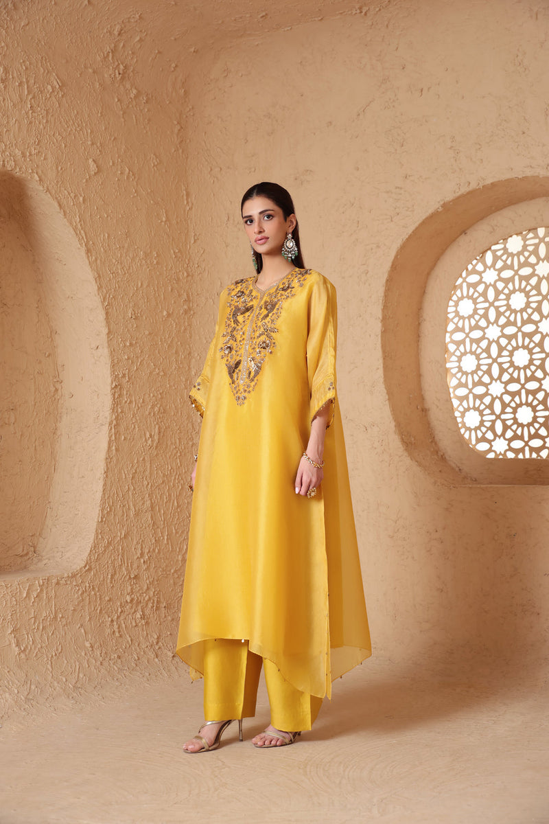 Mehrang Yellow Kaftan Kurta Set organza , silk tencel kurta/kurta set by Niti Bothra in yellow for women in Singapore