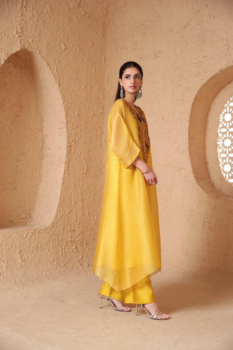 Mehrang Yellow Kaftan Kurta Set organza , silk tencel kurta/kurta set by Niti Bothra in yellow for women in Singapore