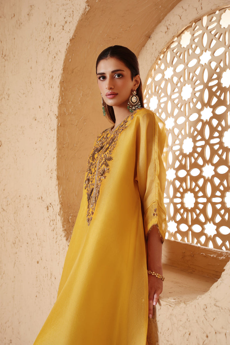 Mehrang Yellow Kaftan Kurta Set organza , silk tencel kurta/kurta set by Niti Bothra in yellow for women in Singapore