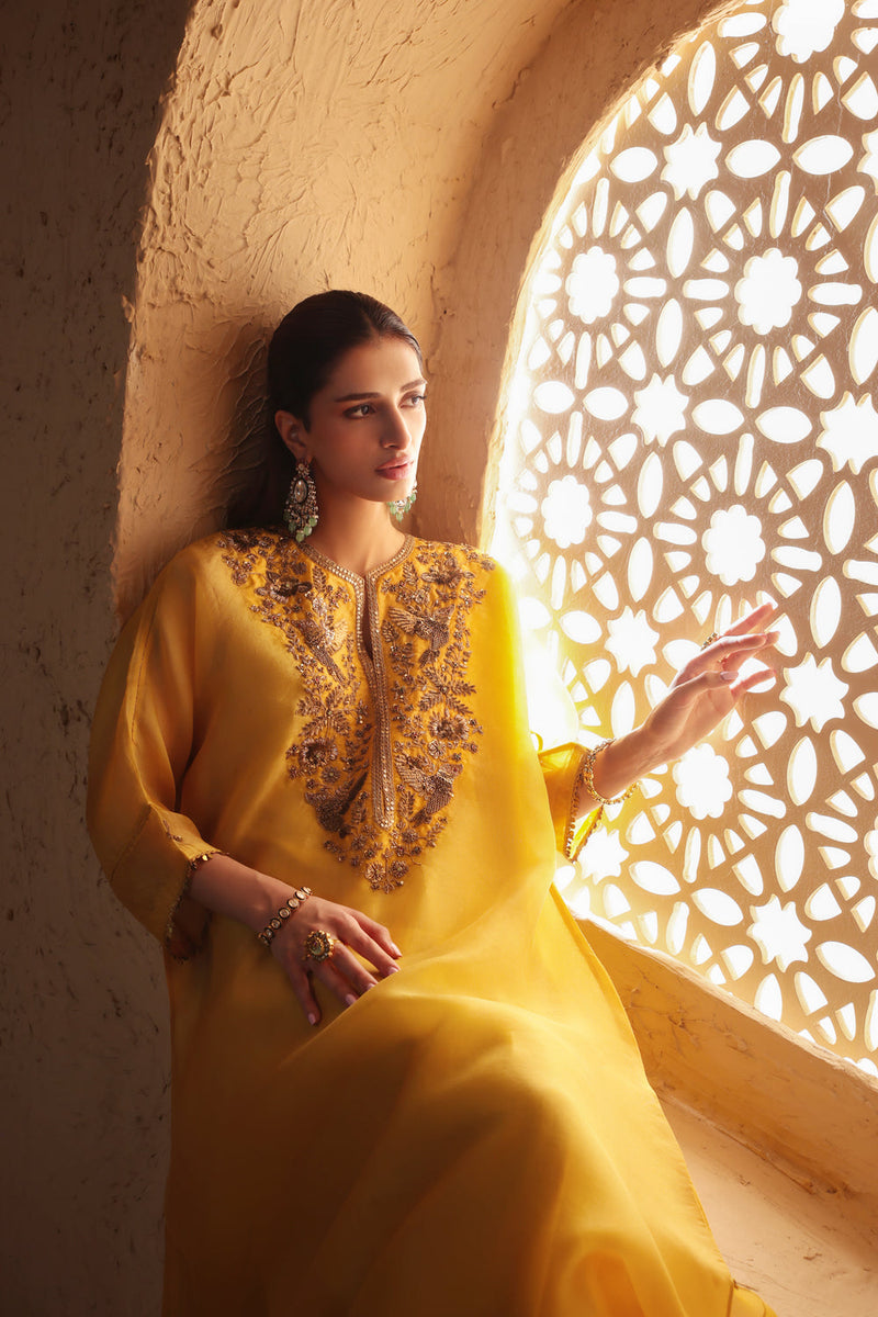 Mehrang Yellow Kaftan Kurta Set organza , silk tencel kurta/kurta set by Niti Bothra in yellow for women in Singapore