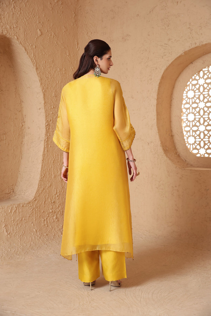 Mehrang Yellow Kaftan Kurta Set organza , silk tencel kurta/kurta set by Niti Bothra in yellow for women in Singapore