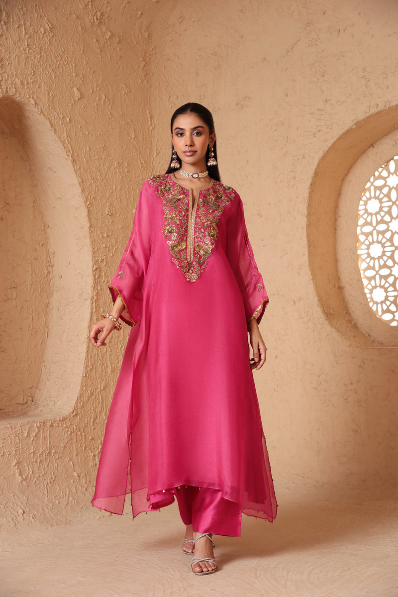 Mehrang Pink Kaftan Kurta Set organza , silk tencel kurta/kurta set by Niti Bothra in pink for women in Singapore