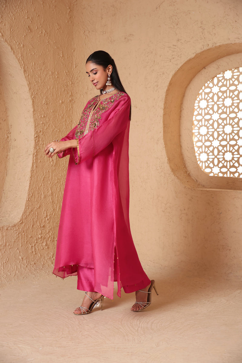 Mehrang Pink Kaftan Kurta Set organza , silk tencel kurta/kurta set by Niti Bothra in pink for women in Singapore
