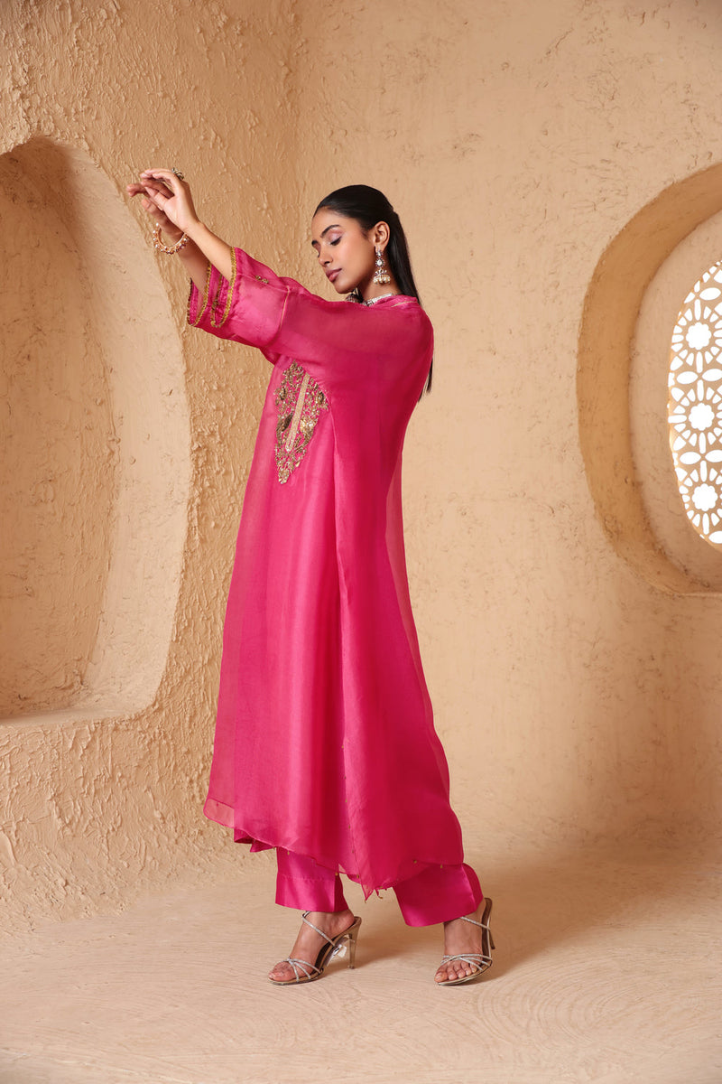 Mehrang Pink Kaftan Kurta Set organza , silk tencel kurta/kurta set by Niti Bothra in pink for women in Singapore