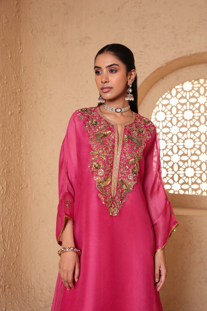 Mehrang Pink Kaftan Kurta Set organza , silk tencel kurta/kurta set by Niti Bothra in pink for women in Singapore