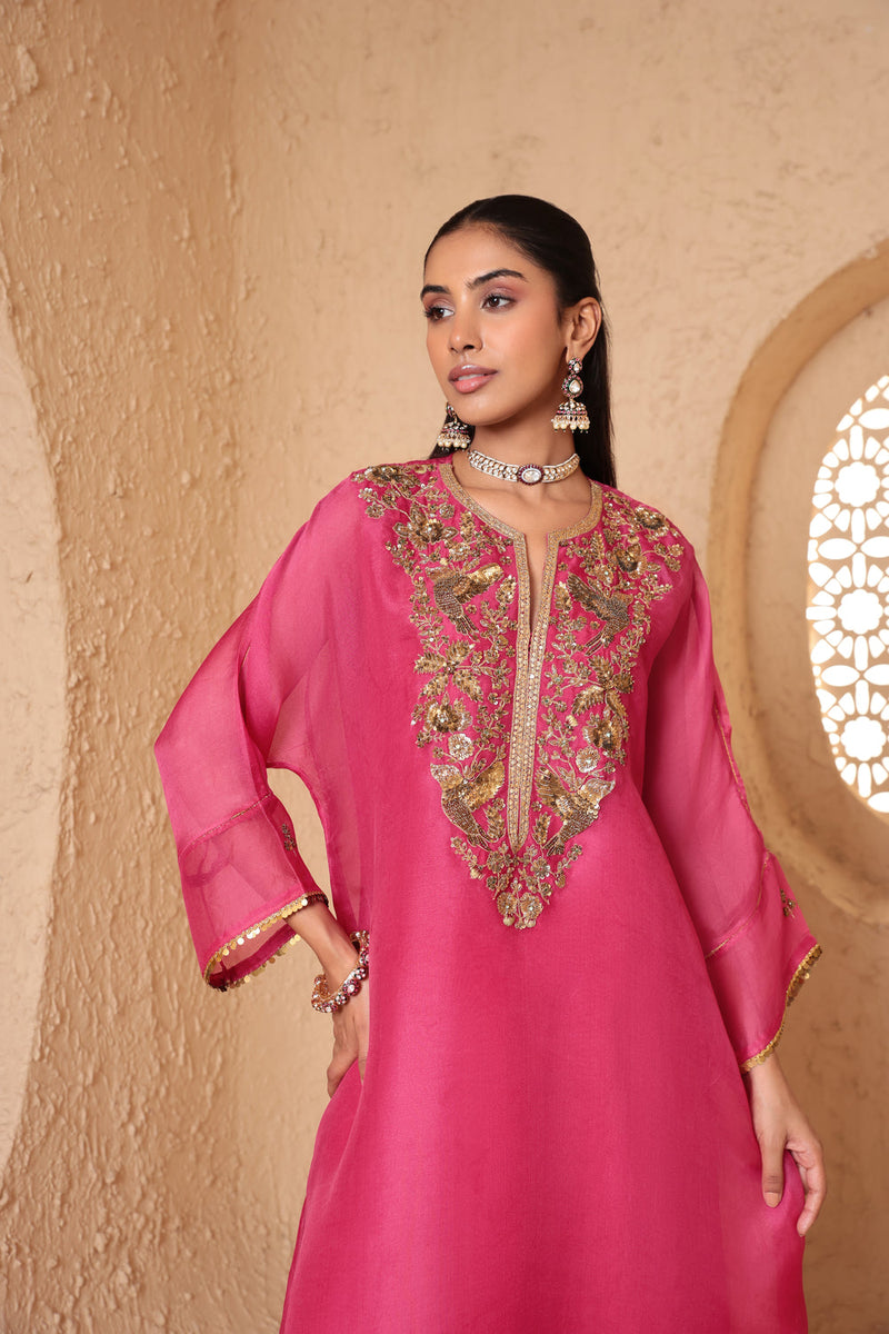 Mehrang Pink Kaftan Kurta Set organza , silk tencel kurta/kurta set by Niti Bothra in pink for women in Singapore